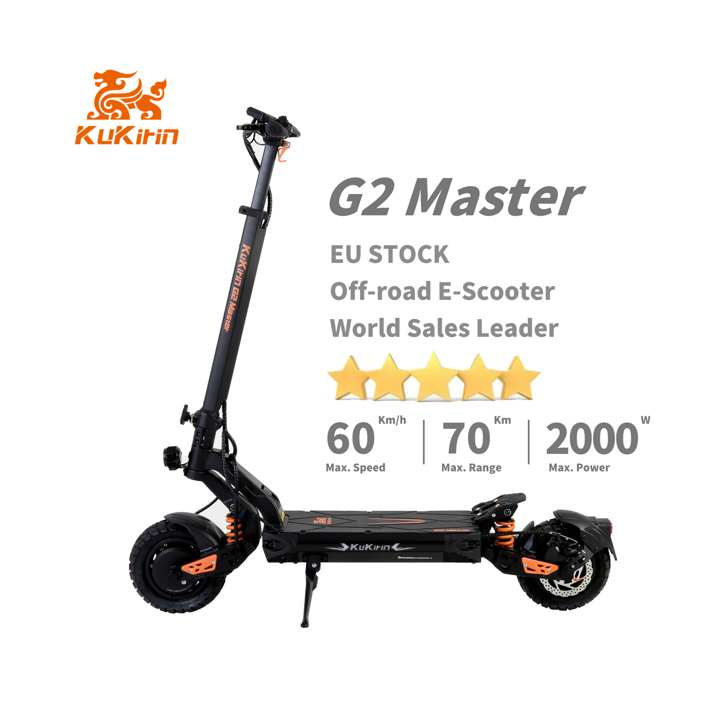 KuKirin G2 Master Electric Scooter – 2000W Motor, 60 km/h Speed, 70-80 km Range, 52V 8Ah Battery, Suspension, Foldable & Waterproof E-Scooter for Adults, City & Off-Road Commuting