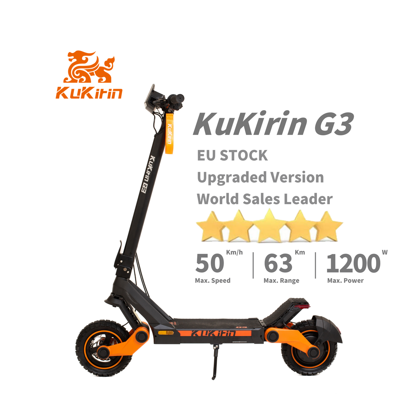 KuKirin G3 Electric Scooter – 1200W Motor, 50 km/h Speed, 60 km Long Distance Travel Range, 52V 18Ah Battery, Suspension, Foldable & Waterproof E-Scooter for Adults