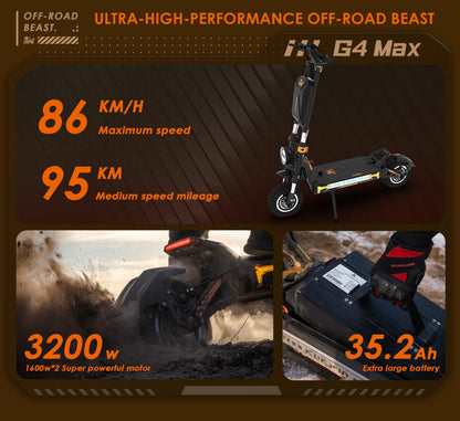 KuKirin G4 Max Electric Scooter – 3200W Motor, 86 km/h Speed, 95 km Long Distance Travel Range, 60V 35,2Ah Battery, Suspension, Foldable & Waterproof E-Scooter for Adults