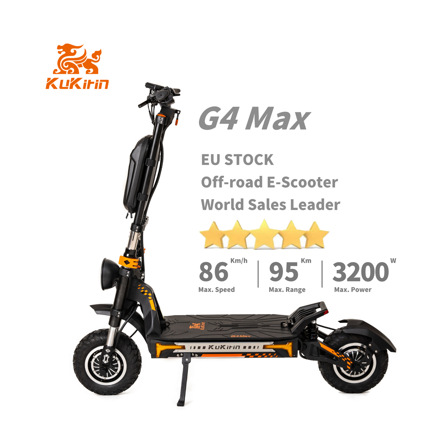 KuKirin G4 Max Electric Scooter – 3200W Motor, 86 km/h Speed, 95 km Long Distance Travel Range, 60V 35,2Ah Battery, Suspension, Foldable & Waterproof E-Scooter for Adults