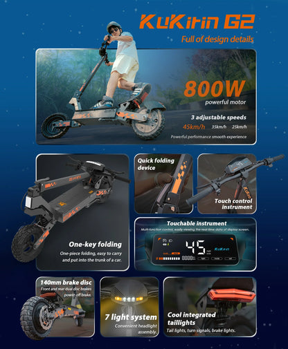 KuKirin G2 Electric Scooter With Seat – 800W Motor, 45 km/h Max Speed, 55 km Long Range, 48V 15Ah Battery, Dual Suspension, Foldable & IP54 Waterproof E-Scooter for Adults