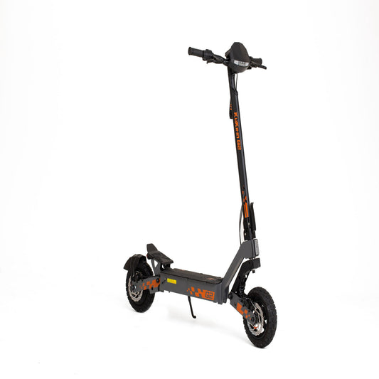 Gray electric scooter with black handlebar on a white background